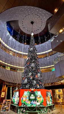 吹き抜けにそびえるクリスマスツリー