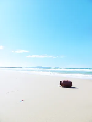 青空と砂浜に漂着した赤い浮き